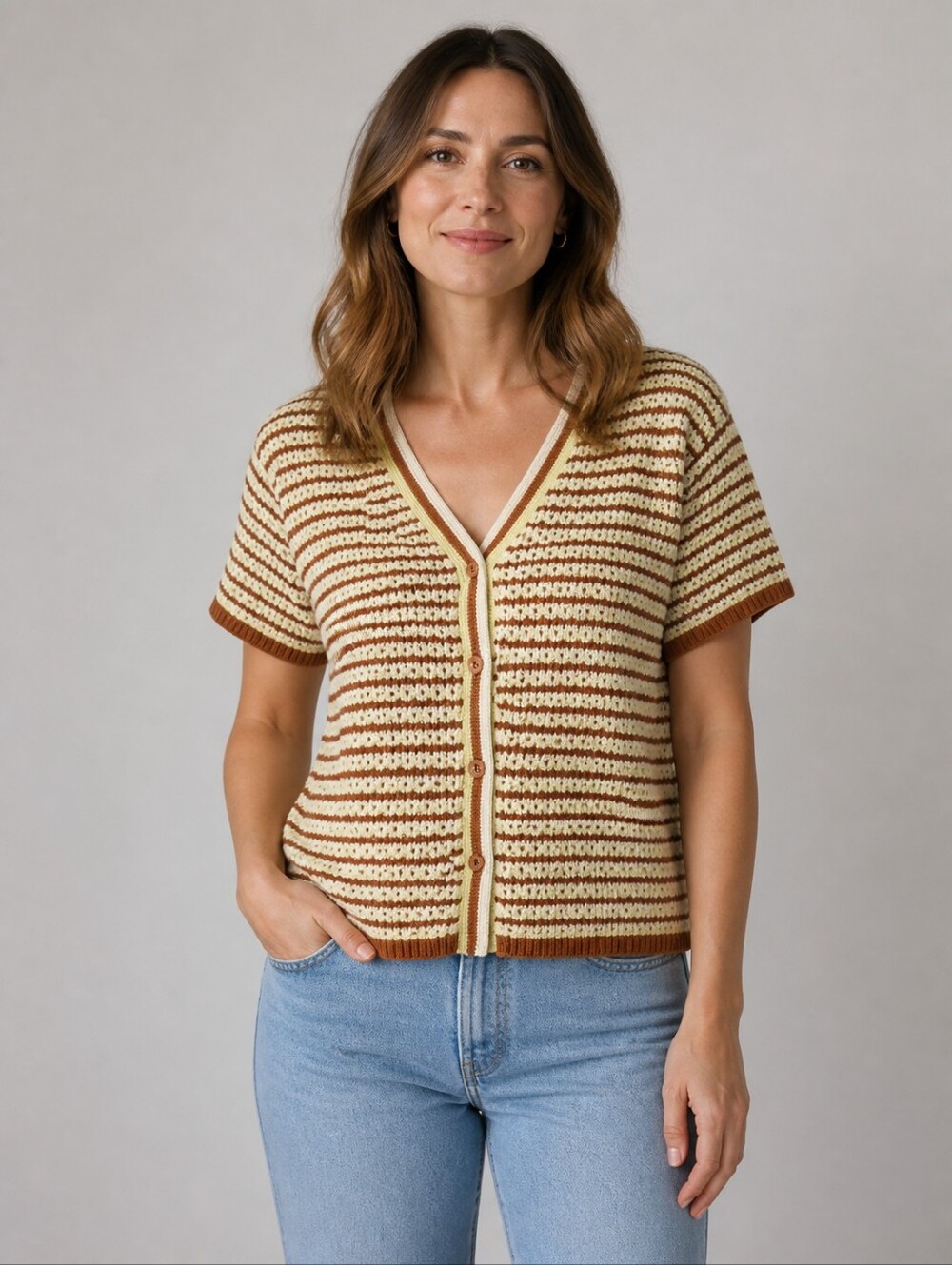Monrow Yellow, White and Brown Striped Knit Top